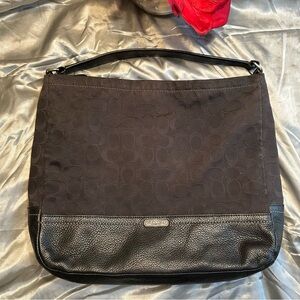 🌹VINTAGE COACH • Black Signature Leather & Cloth Shoulder Bag …